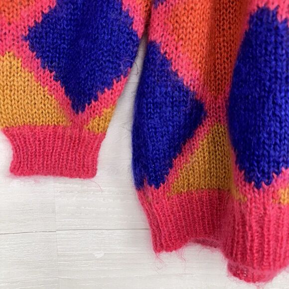 Vintage Rolled Neck Sweater Women M Mohair Blend Whimsical Diamond Oversized Y2K - Picture 4 of 12